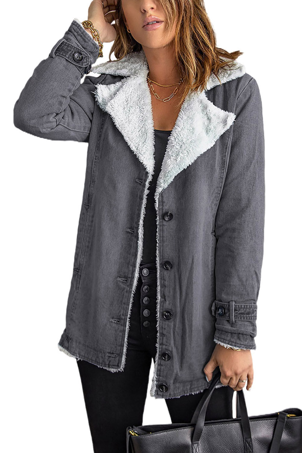 Gray Lapel Collar Fleece Jacket(Plus Size Available)