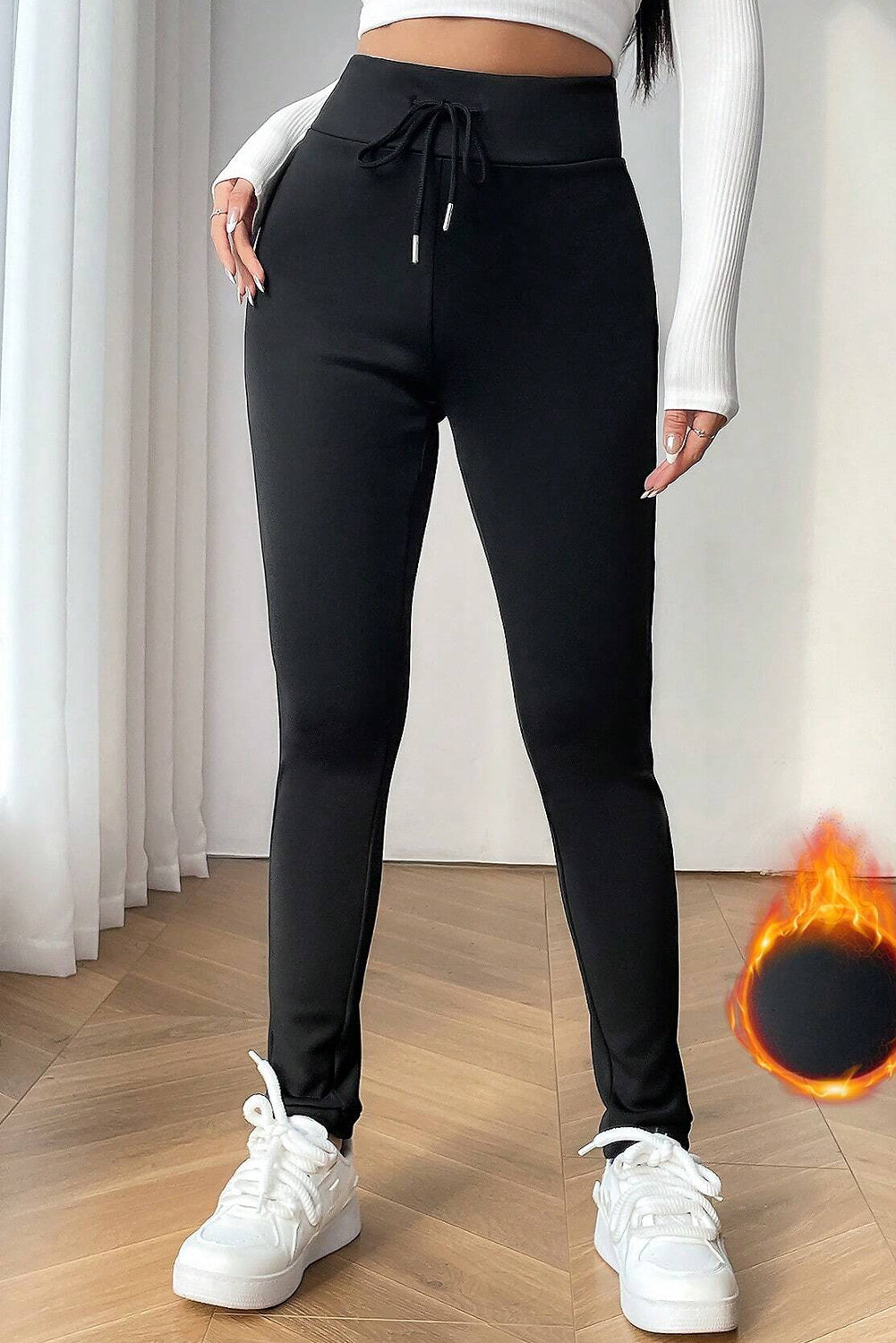 Blac Drawstring Waist Thermal Lined Leggings