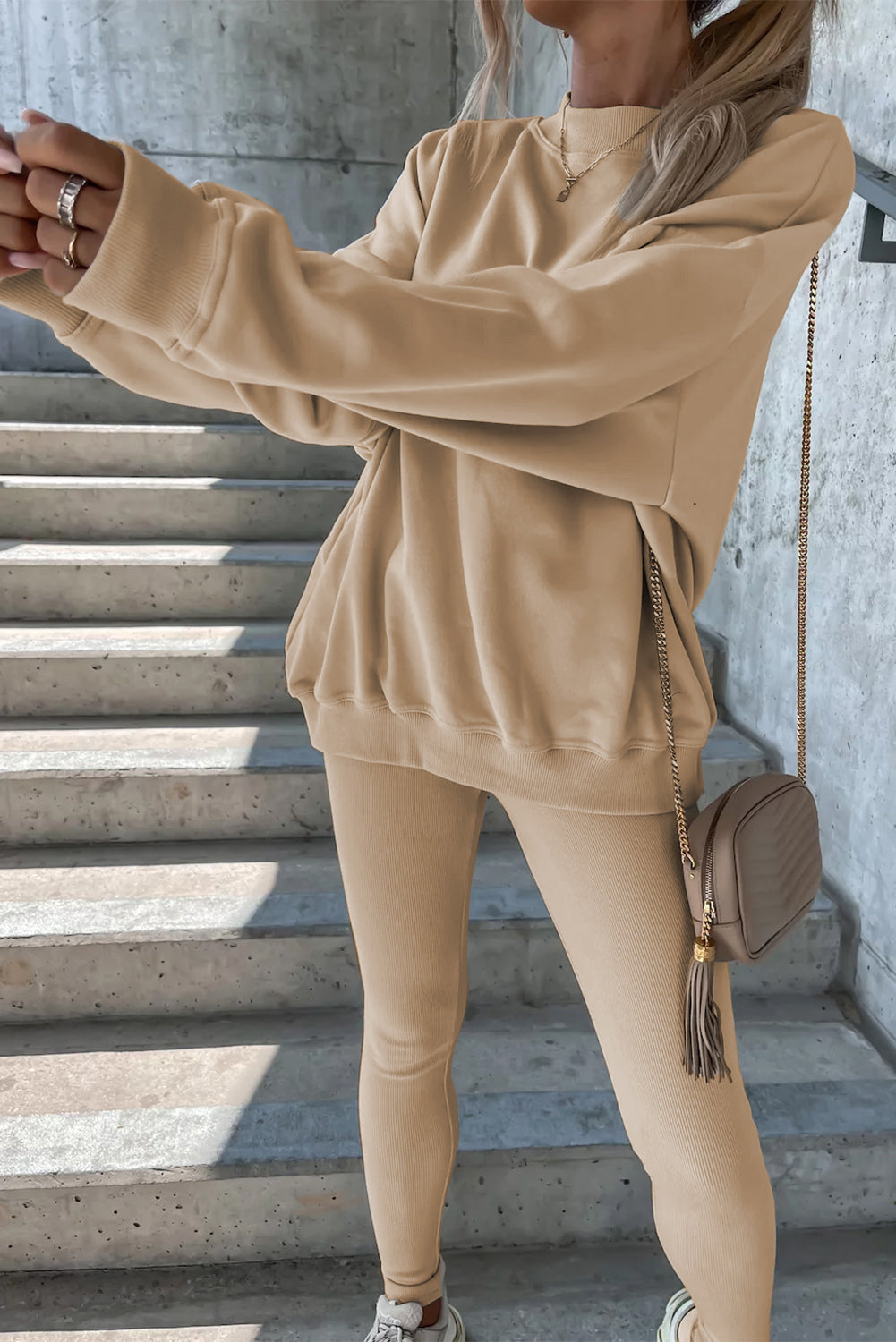 Beige Sweatshirt and Leggings Two Piece Set