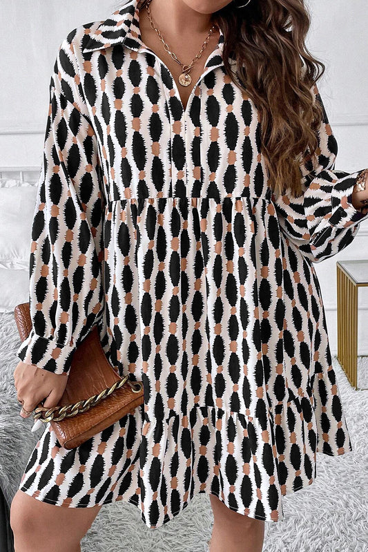 Apricot Abstract Print Collared Plus Size Mini Dress