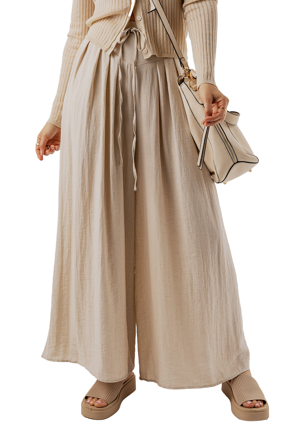 Beige Drawstring Pleated Wide Leg Pants