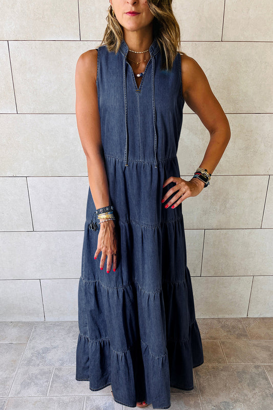 Teal Sleeveless Tiered Chambray Maxi Dress