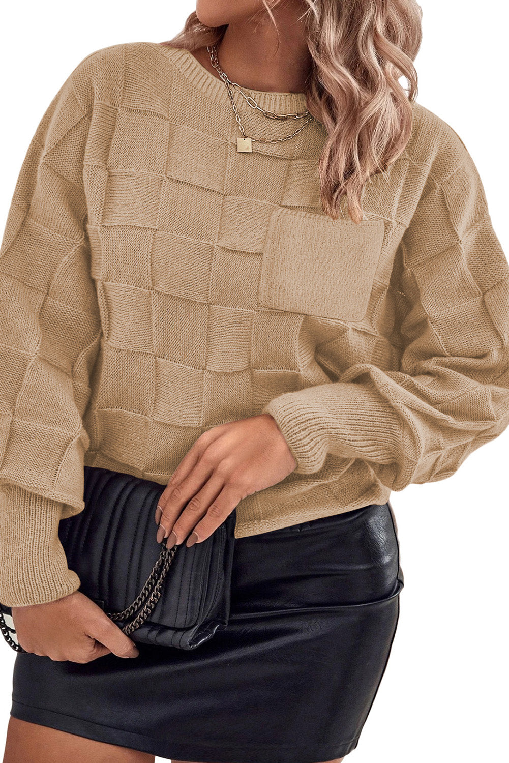 Tan Checkered Plus Size Sweater