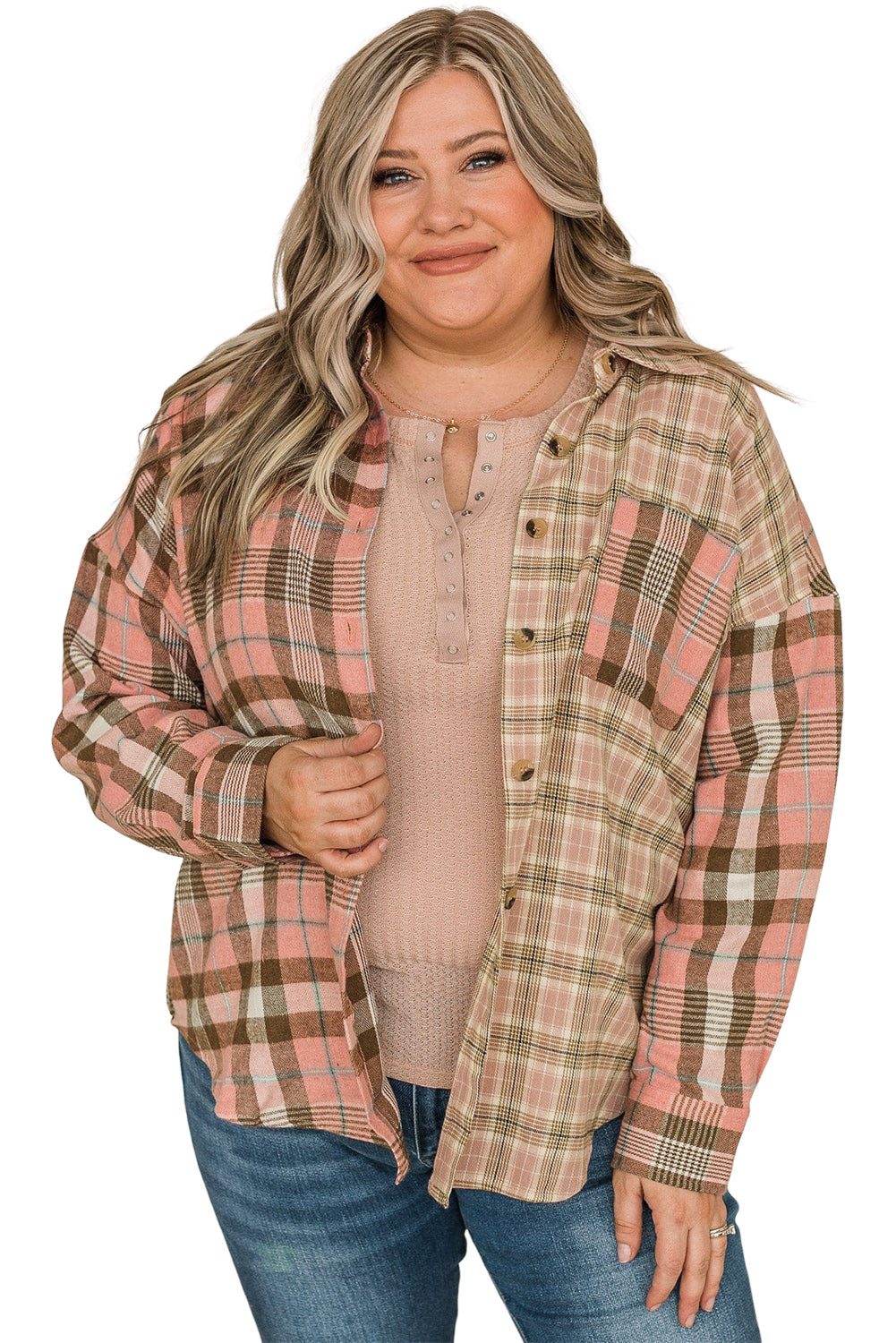 Plus Size Color Block Plaid Long Sleeve Shirt