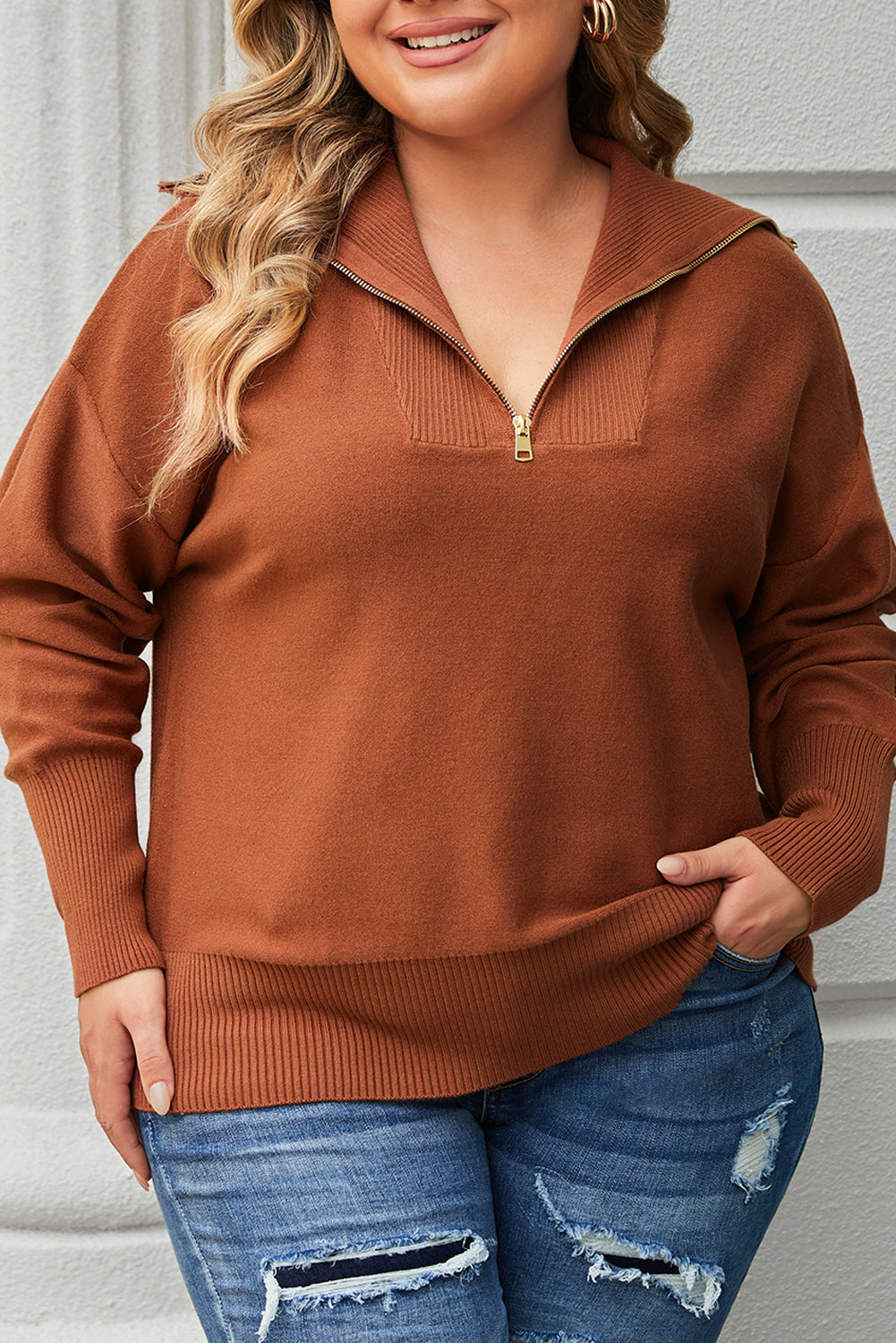 Brown Plus Size Zip Collar Sweater