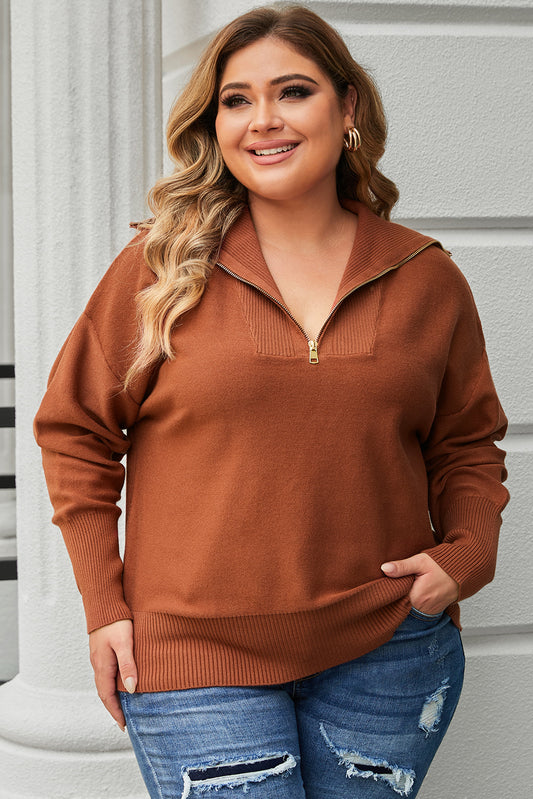 Brown Plus Size Zip Collar Sweater