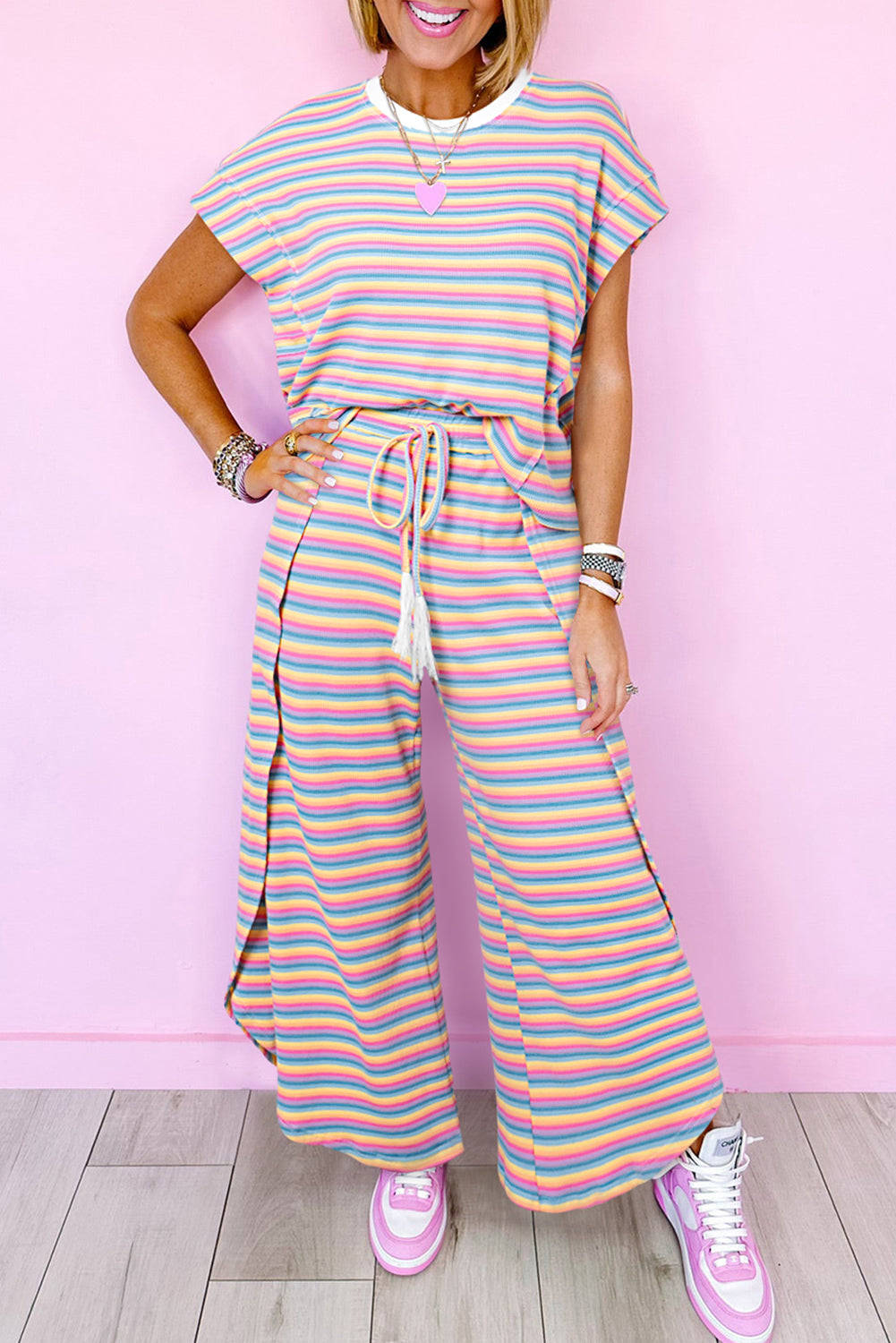 Striped Tassel Tee & Wide Leg Pants Set