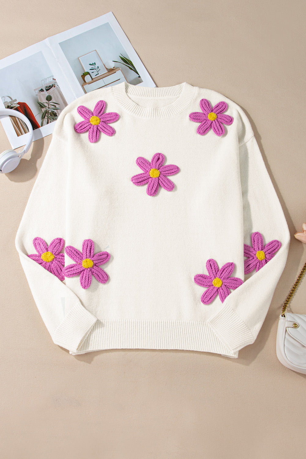 White Plus Size Crochet Flower Sweater