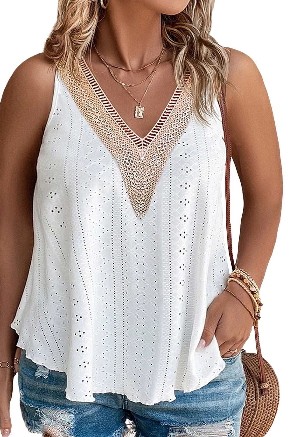 White Plus Size Lace Trim Tank Top