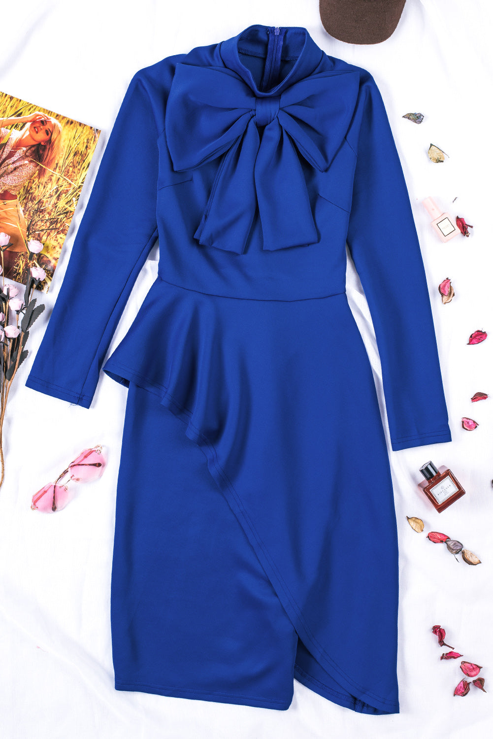 Modest Asymmetric Peplum Style Bow Dress