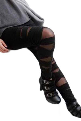 Black Sheer Mesh Criss Cross Straps Leggings (ONE SIZE)