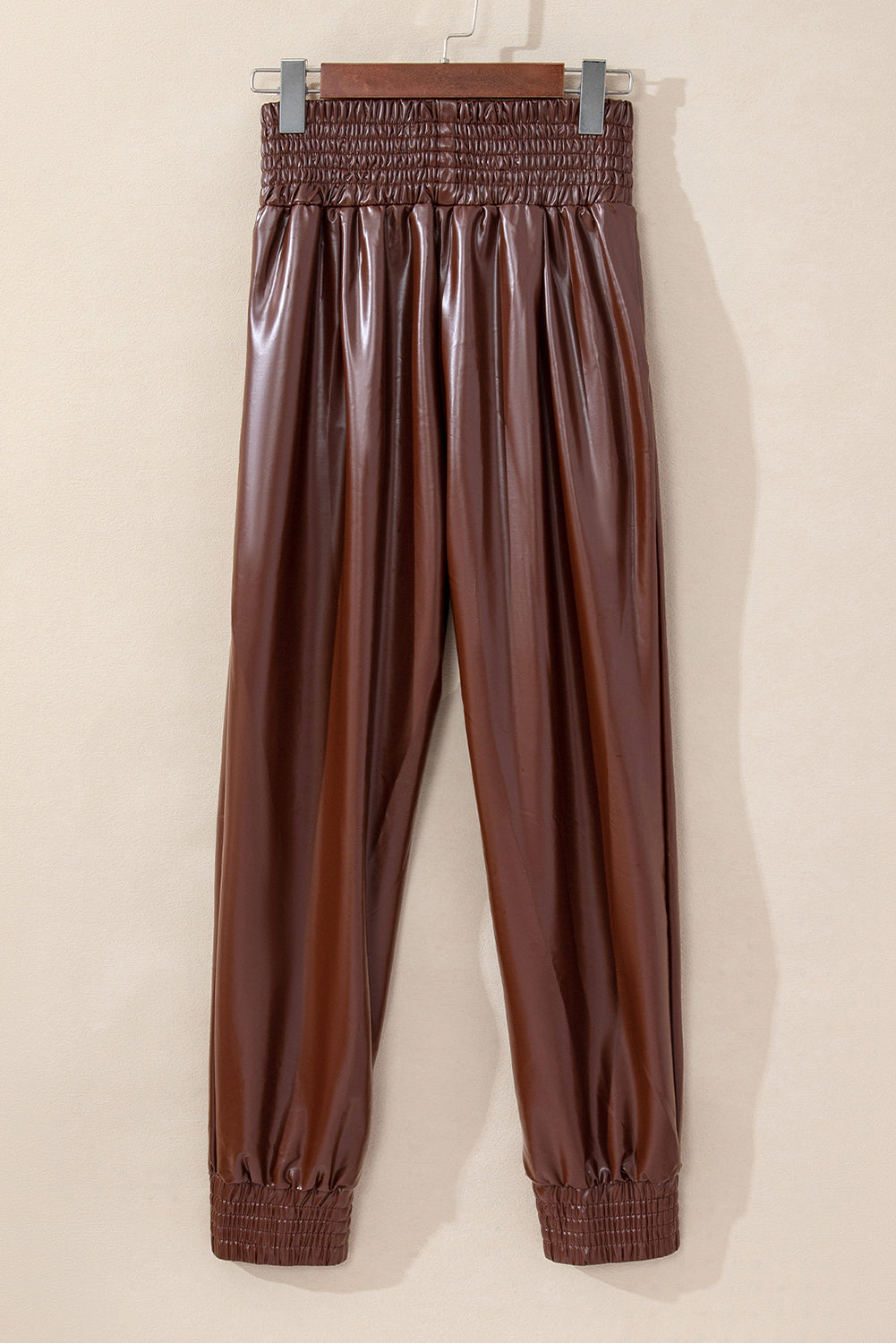 Brown Smocked High Waist Leather PU Skinny Pants