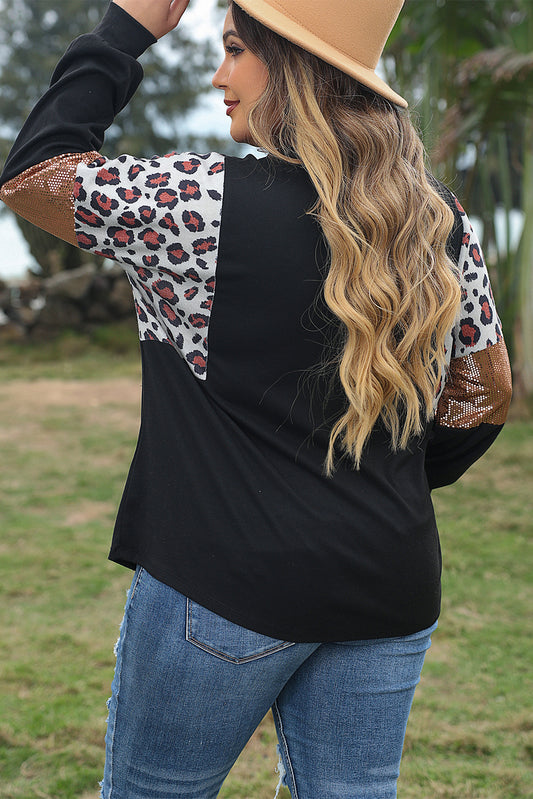 Black Leopard Sequin Patch Plus Size Top