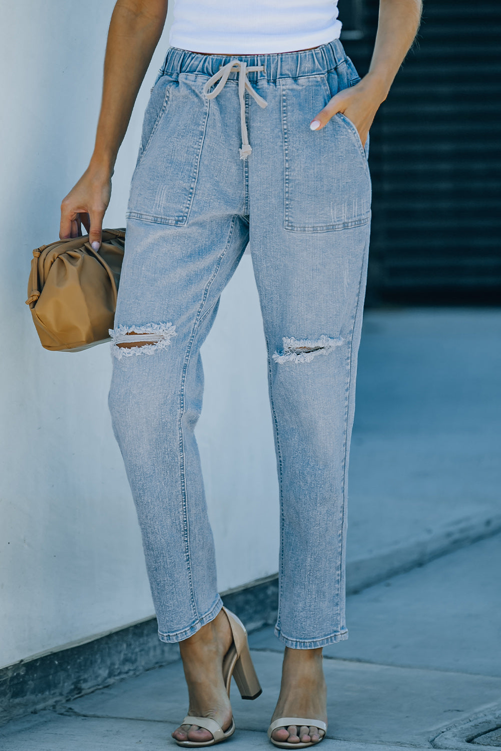 Sky Blue Distressed Pocketed Denim Jogger