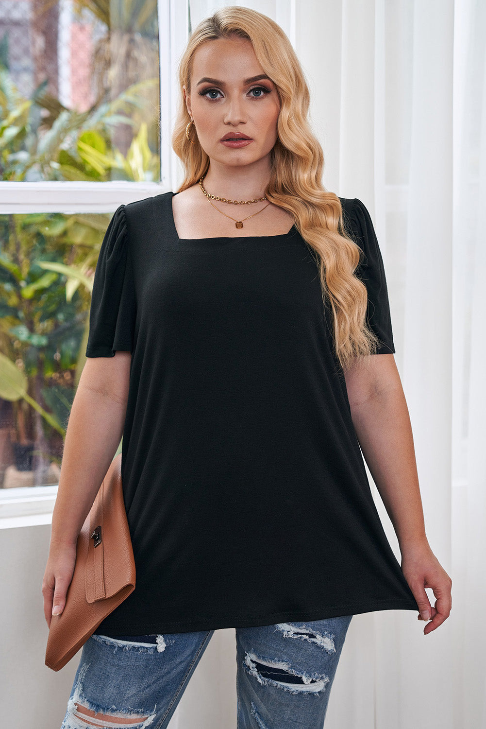 Plus Size  Ruched Shoulder Short Sleeve Top