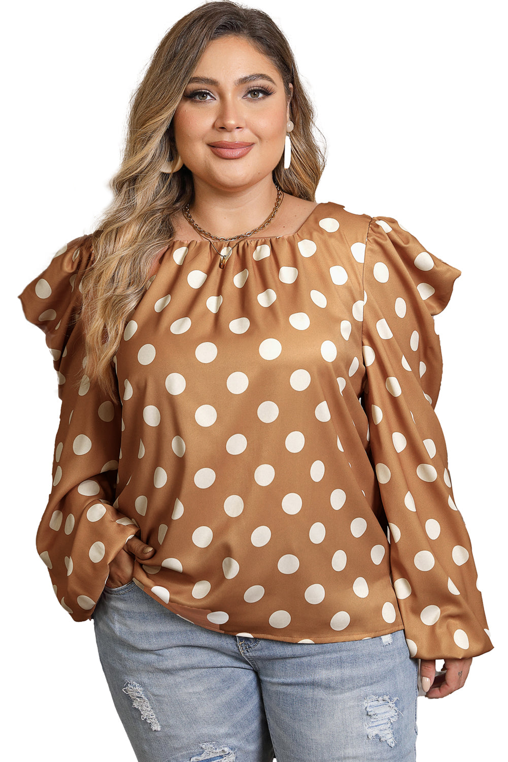 Khaki Plus Size Polka Dot Ruched Neckline Blouse