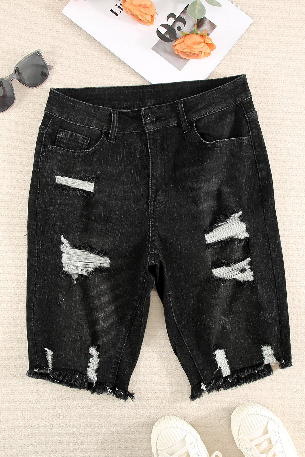 Black Ripped Tassel Bermuda Denim Shorts