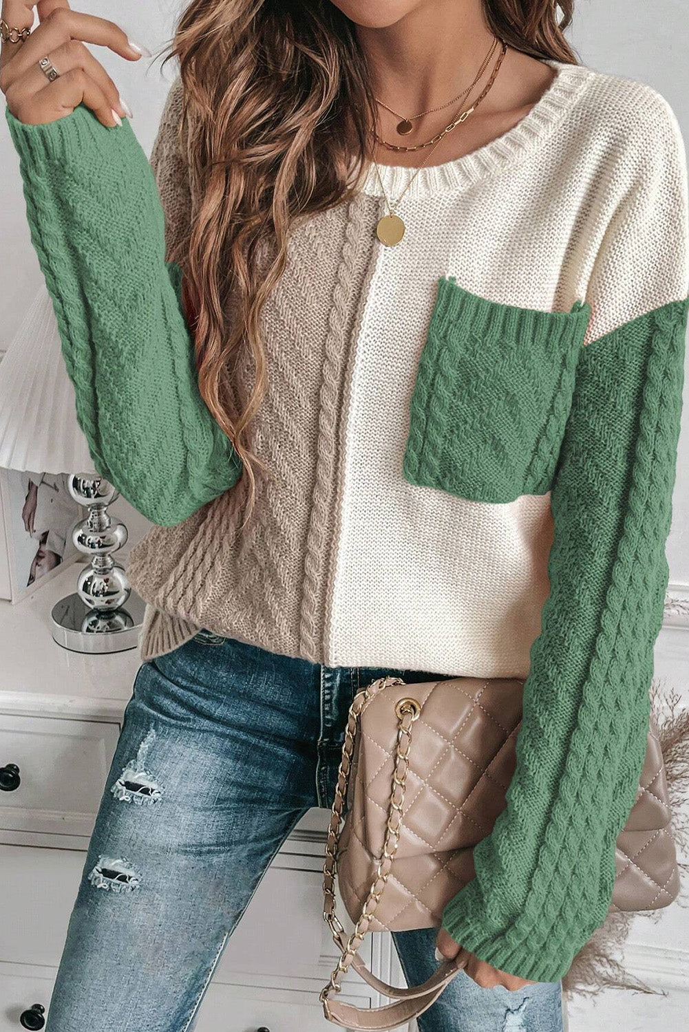 Green Colorblock Drop Shoulder Sweater