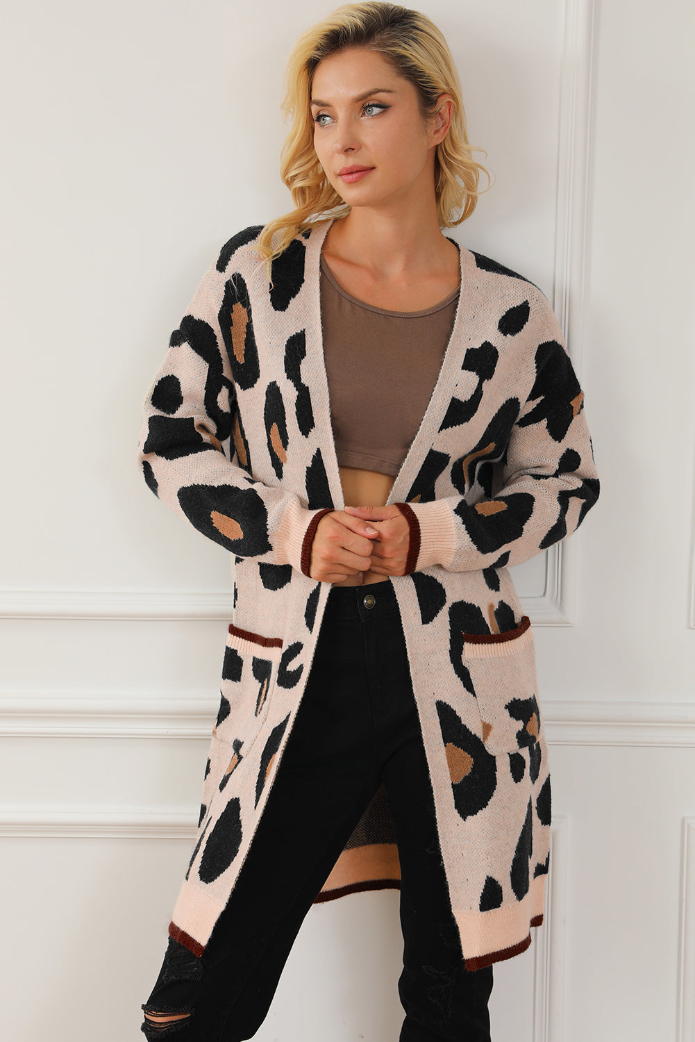 Oversized Leopard Print Open Midi Cardigan