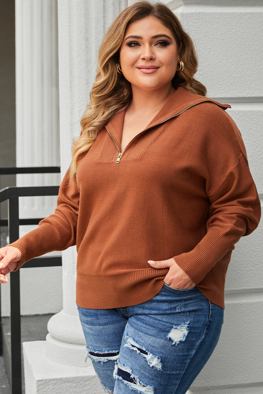 Brown Plus Size Zip Collar Sweater