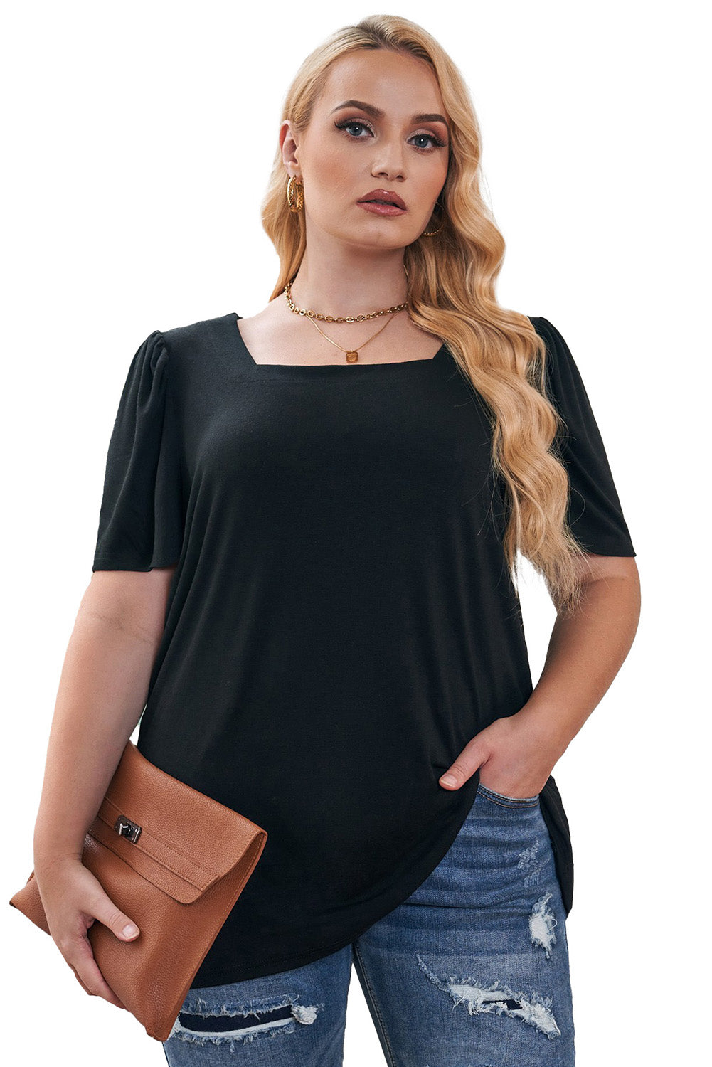 Plus Size  Ruched Shoulder Short Sleeve Top