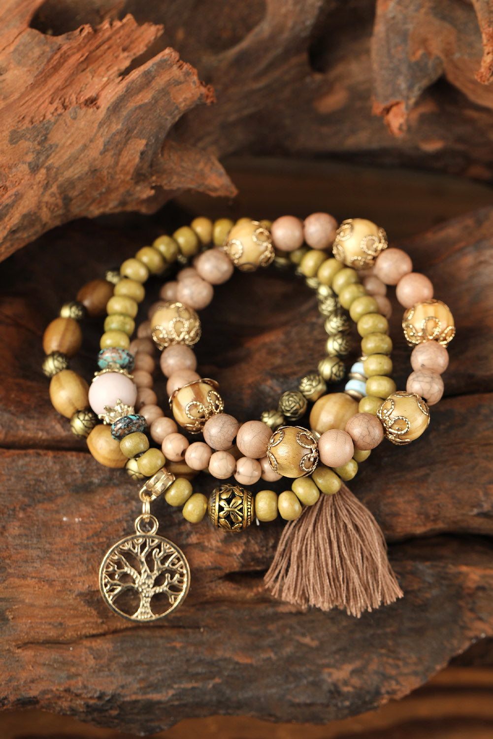 Brown Tree Of Life Charm Wood Beads Bracelet