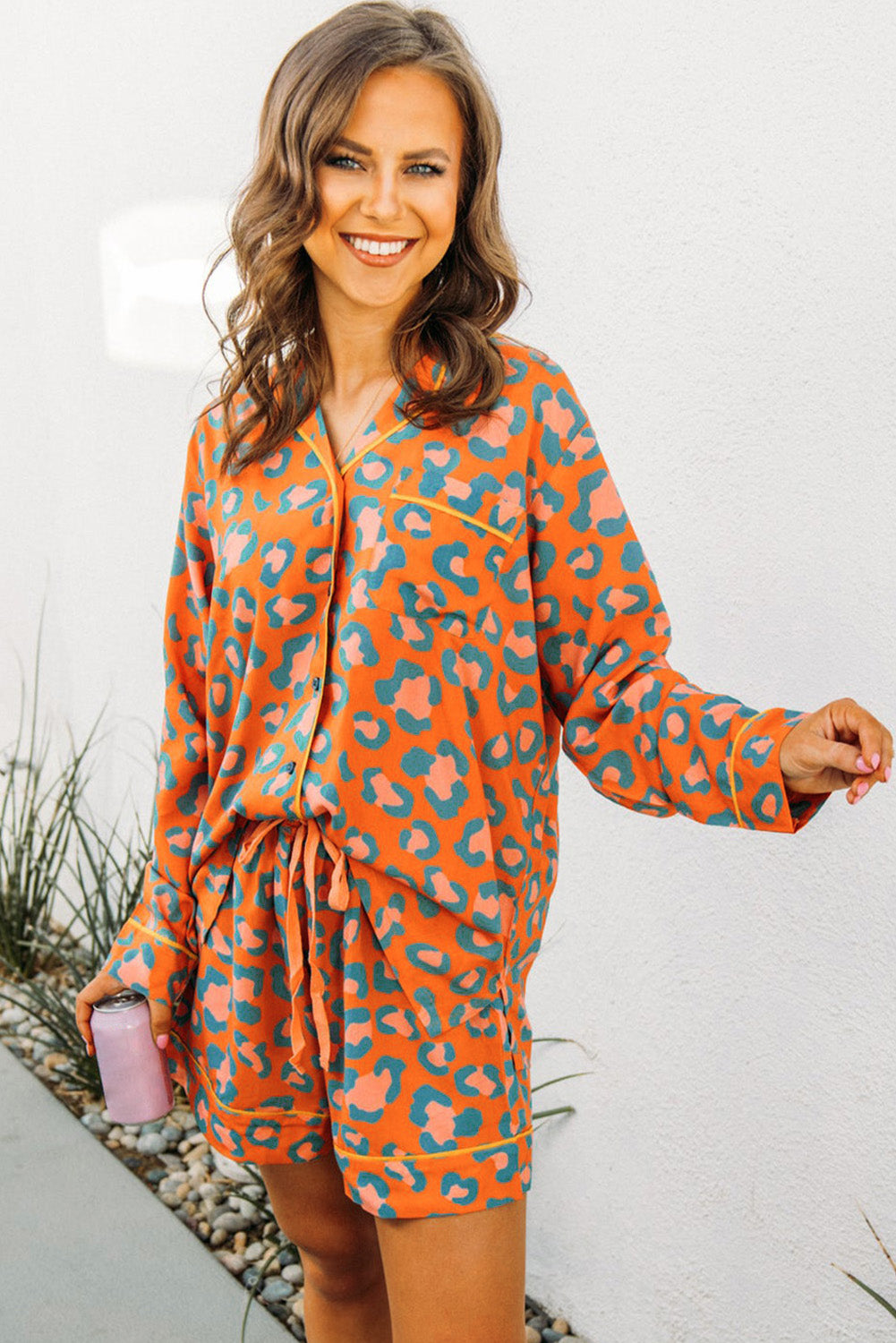 Orange Leopard Print Shorts Loungewear Set