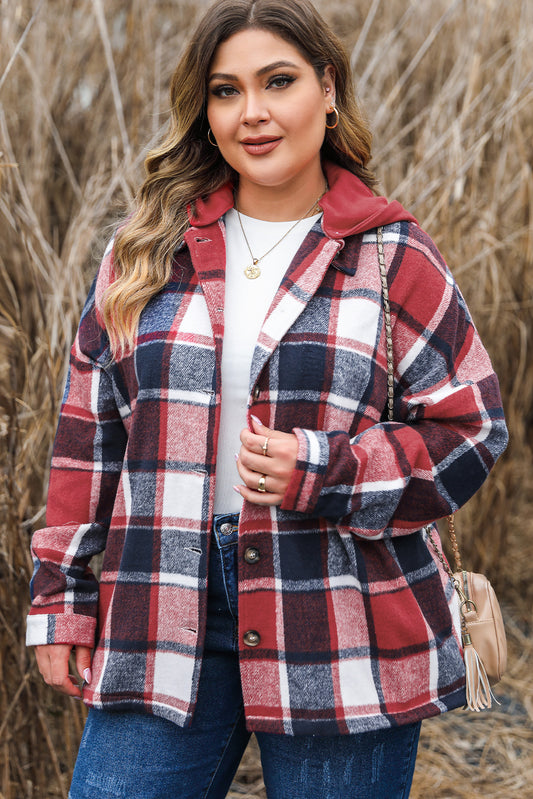 Red Printed Plus Size Plaid Hooded Jacket