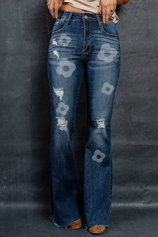 Floral Print Mid Waist Bell Bottom Jeans