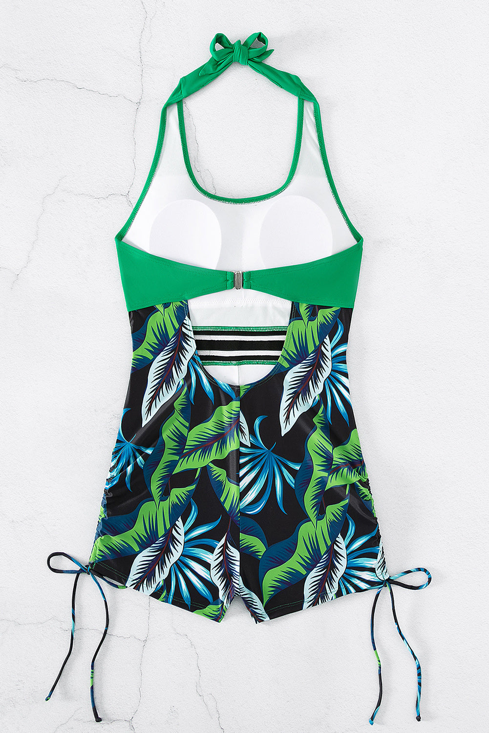 Bright Green Tropical Leaves Print Backless Monokini