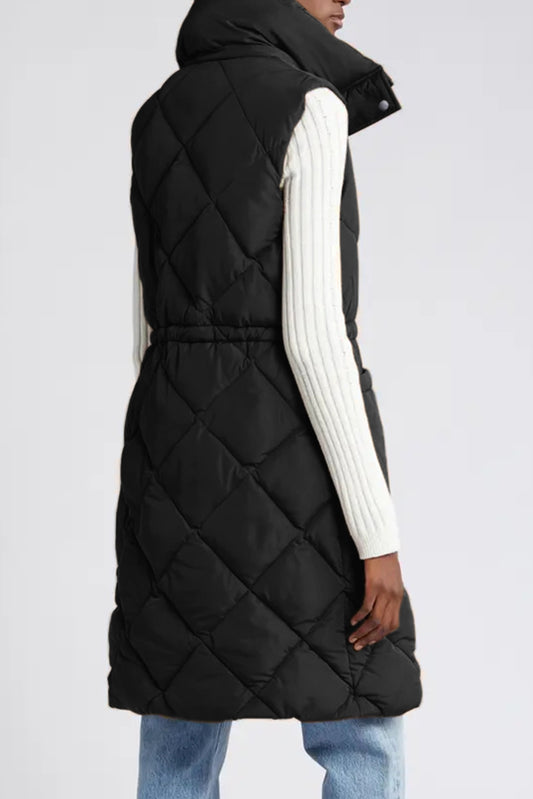 Black Quilted Stand Collar Pocketed Vest Coat