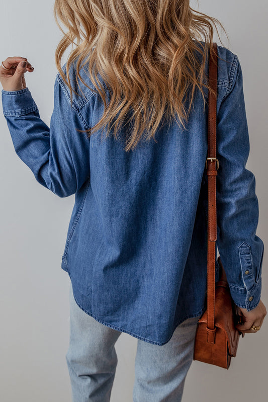 Blue Flap Pocket Button Up Denim Shacket