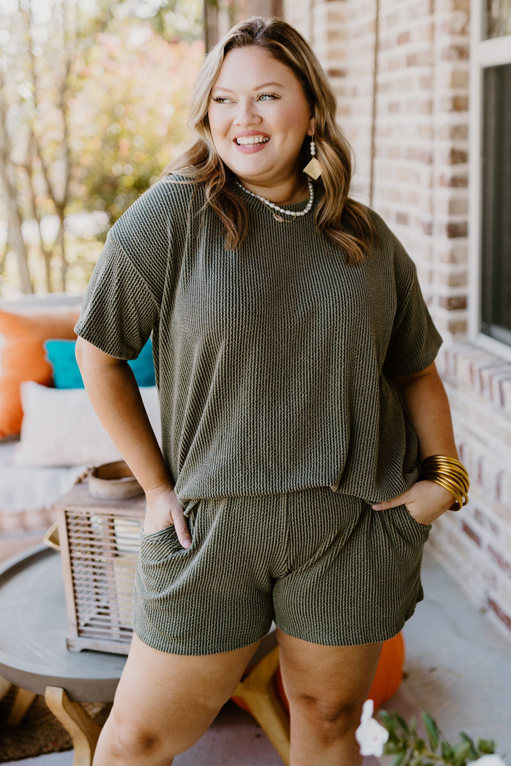 Moss Green Plus Size Rib Knit Shorts Set