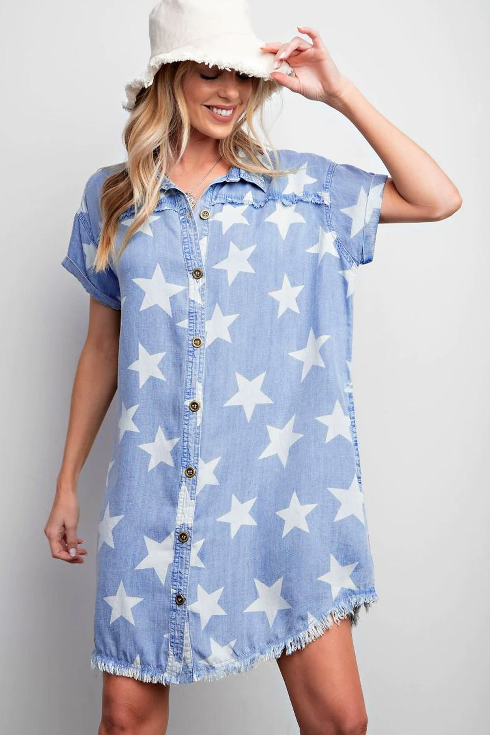 Sky Blue Stars Frayed Hem Denim Dress