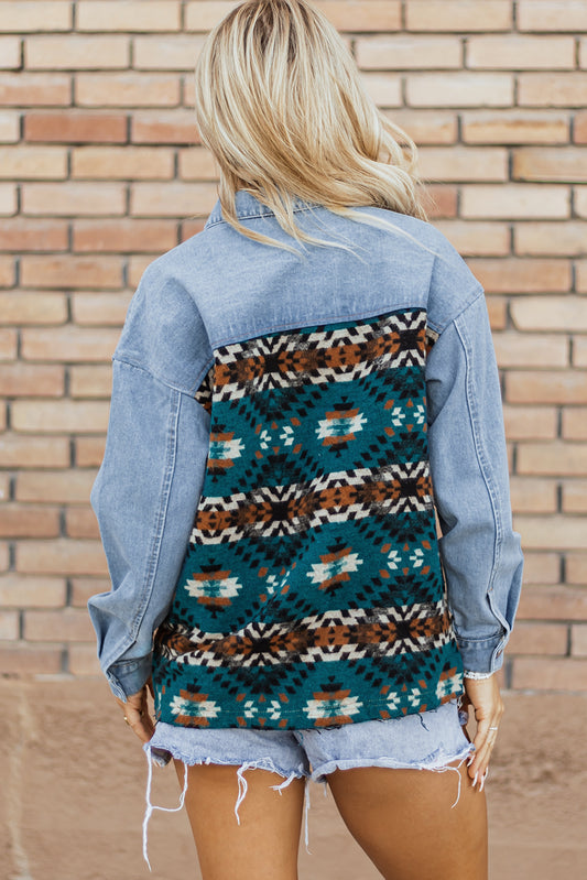 Blue Aztec Printed Denim Jacket