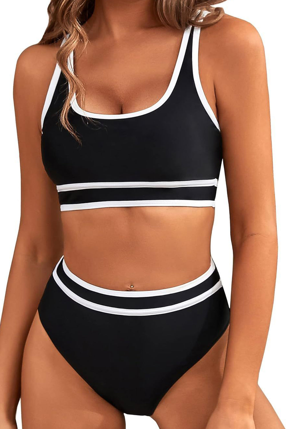 Black Contrast Trimmed High Waist Bikini