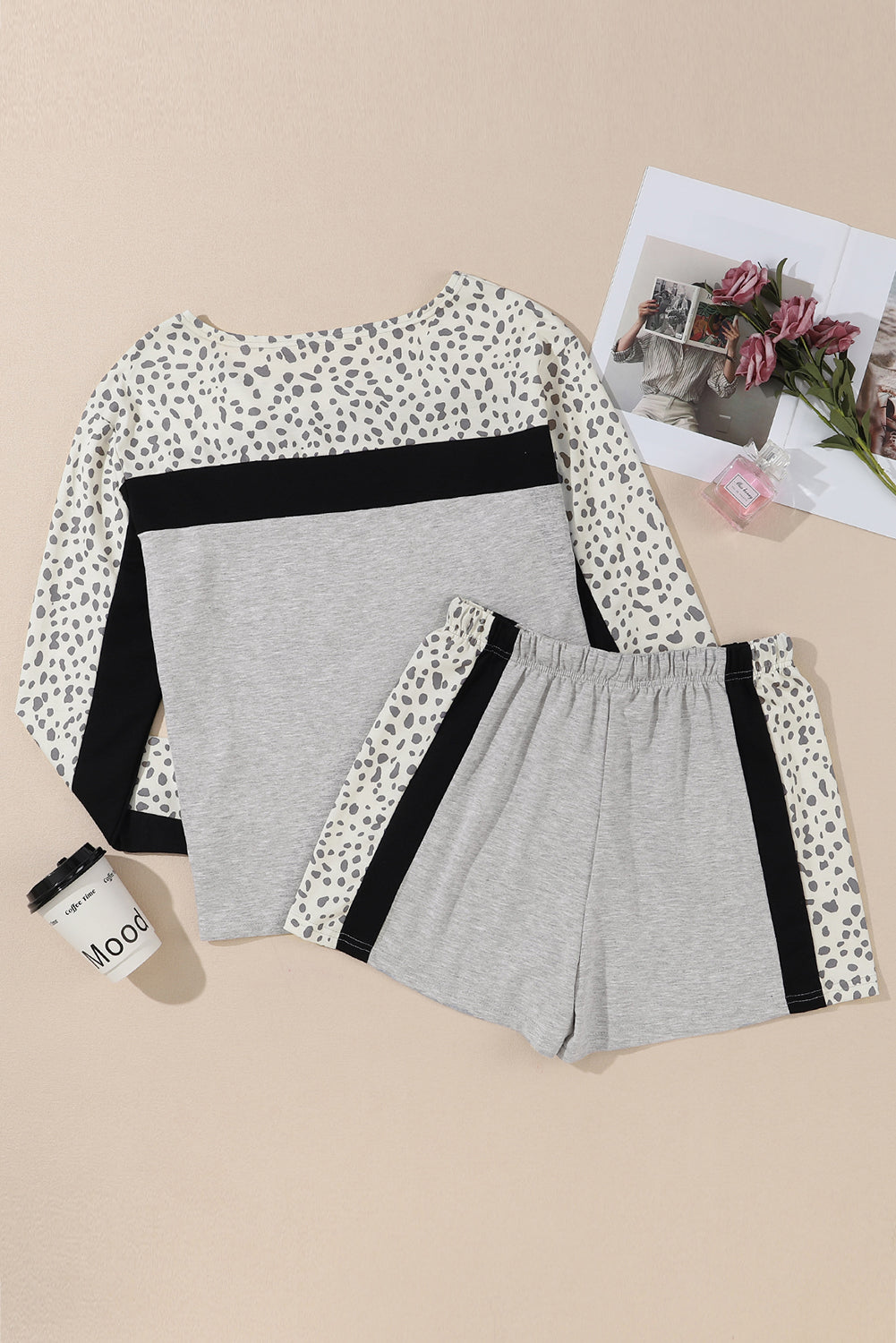 Gray Leopard Colorblock Patchwork Shorts Set