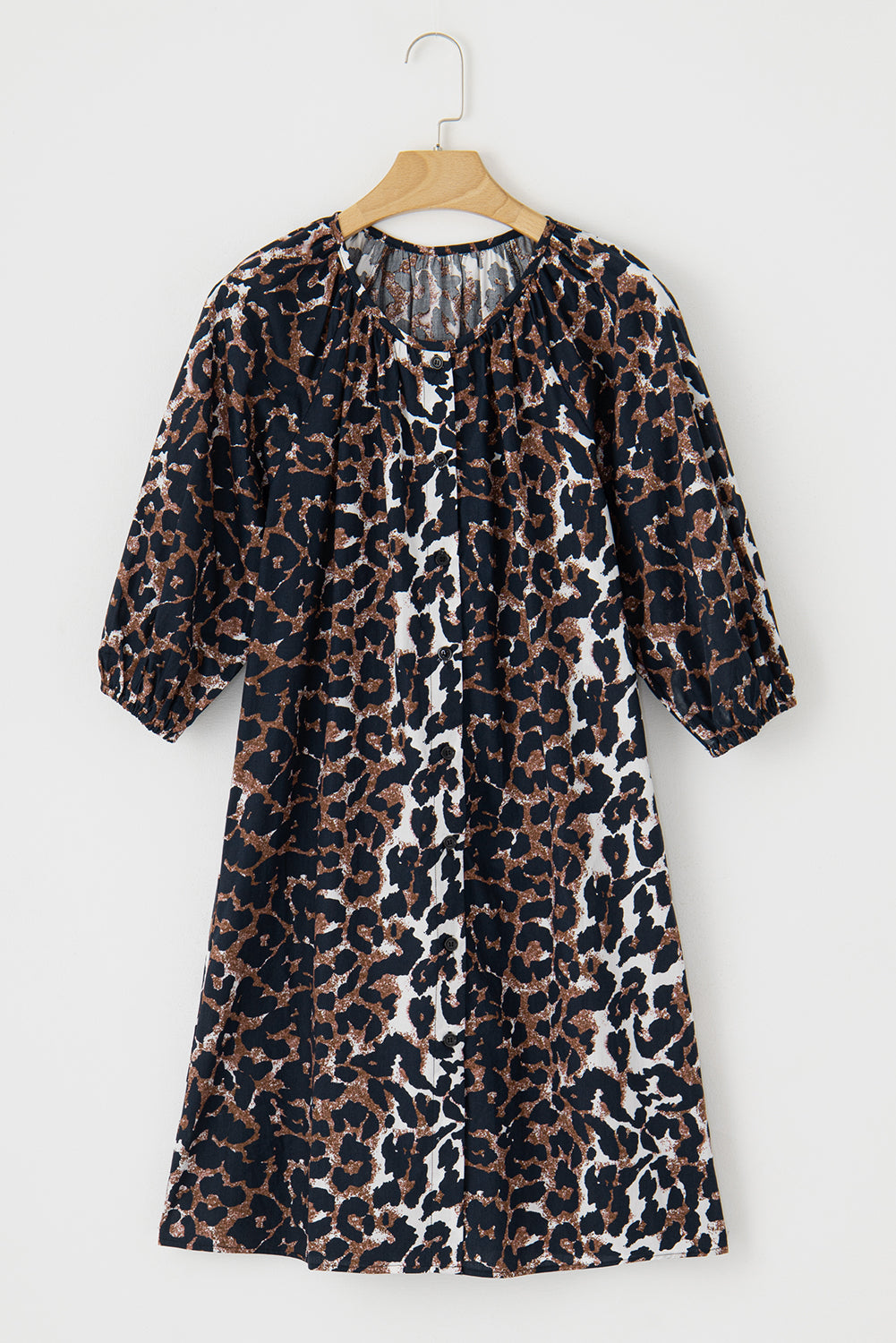 Black Leopard Puff Sleeve Button Front Shirt Dress