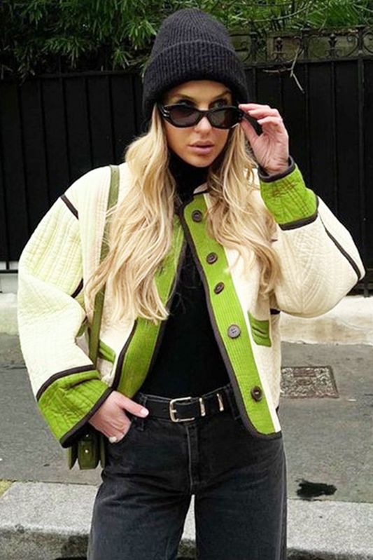 Green Quilted Colorblock Button Up Puffer Coat