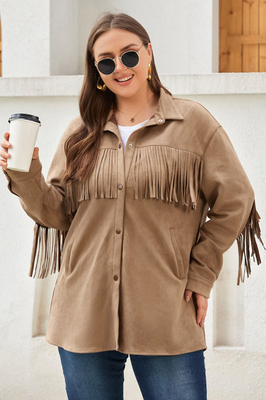 Khaki Fringe Plus Size Suede jacket