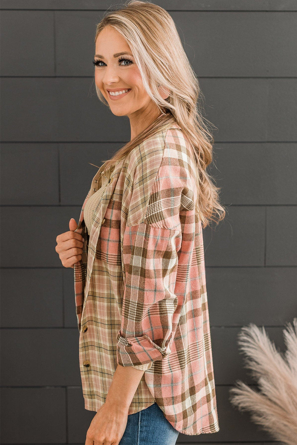 Plus Size Color Block Plaid Long Sleeve Shirt