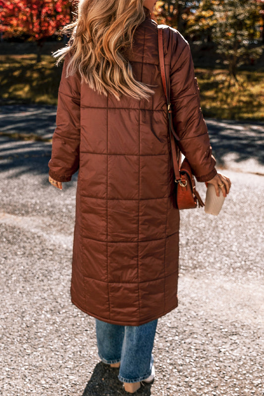 Coffee Quilted Zip Up Mid-length Coat