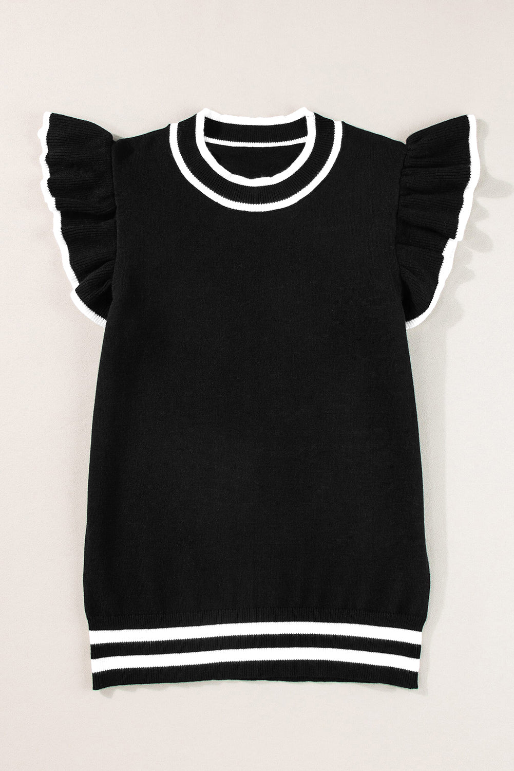 Black Ruffled Sleeve Round Neck Knit T Shirt