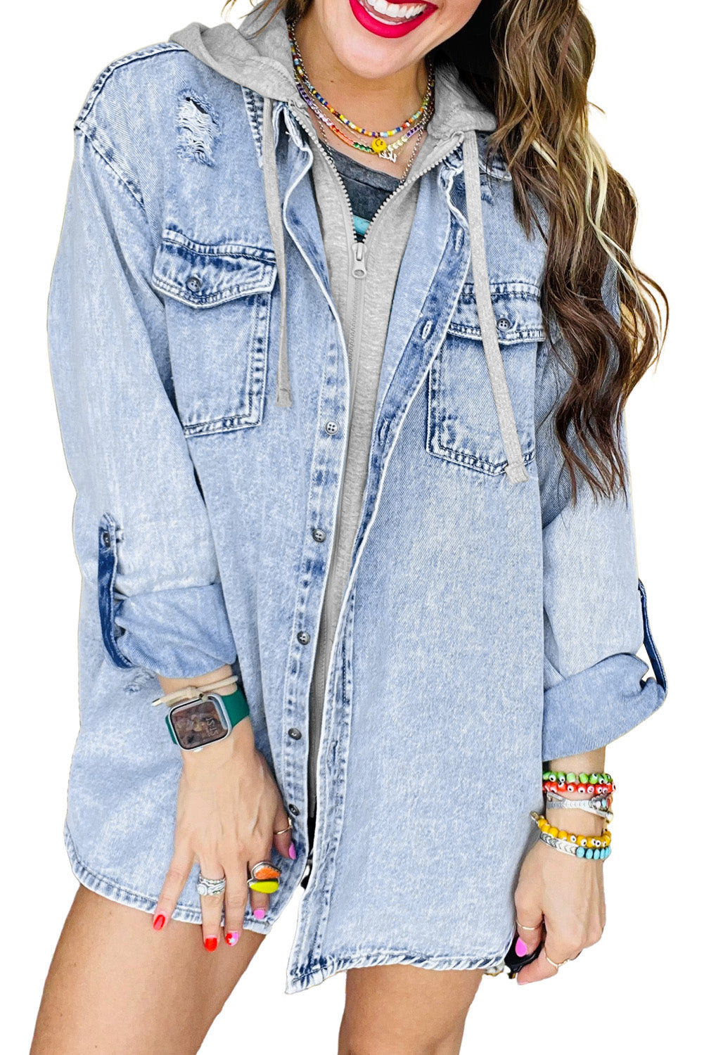 Mist Blue Oversized Hooded Denim Jacket