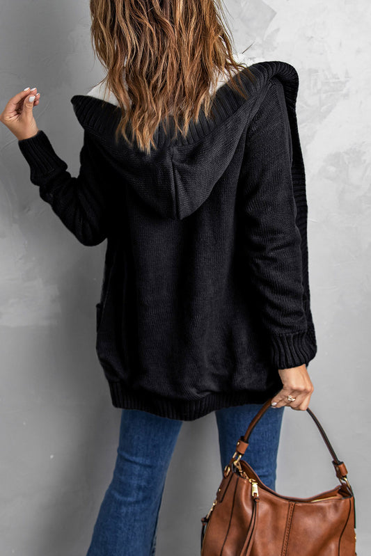 Black Buttoned Hooded Knitted Cardigan