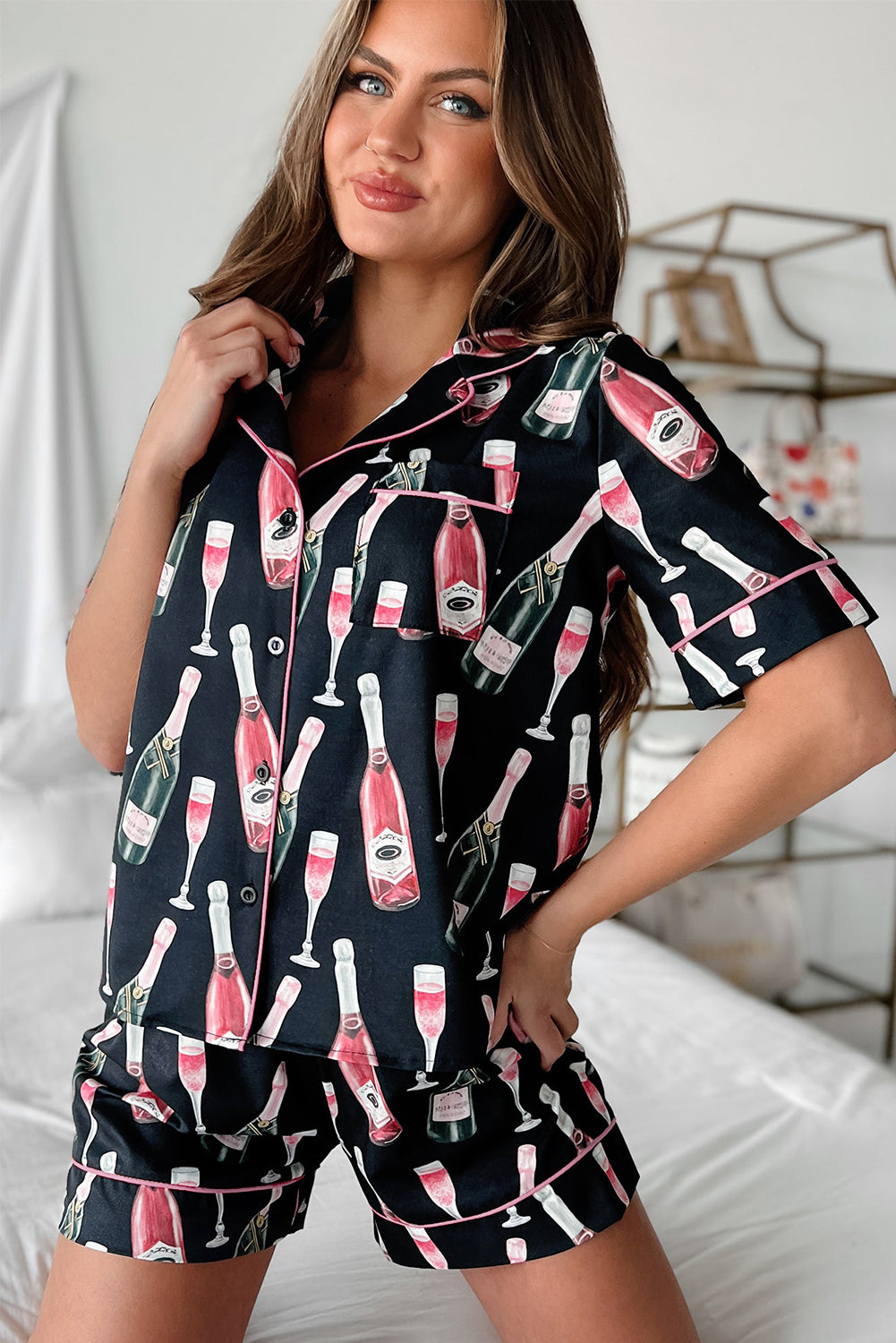 Black Champagne Print Silky Pajamas Set