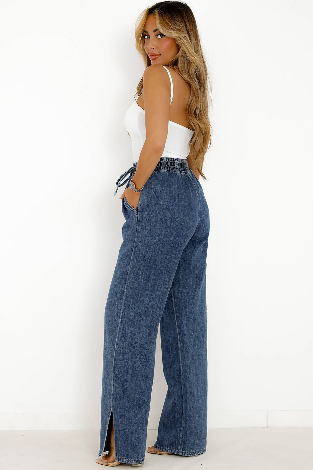 Washed Out Drawstring Waist Wide Leg Jeans