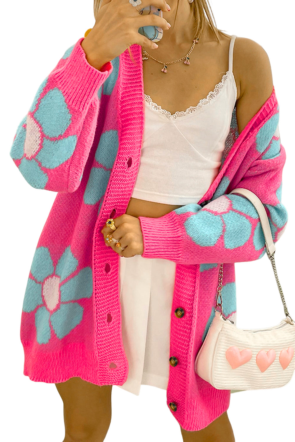 Strawberry Pink Floral Print Button Up Cardigan