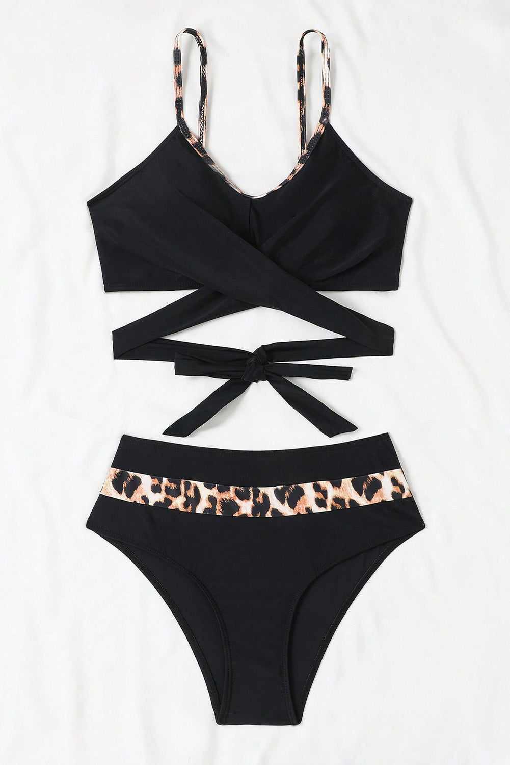 Black Leopard Criss Cross High Waisted Bikini Set