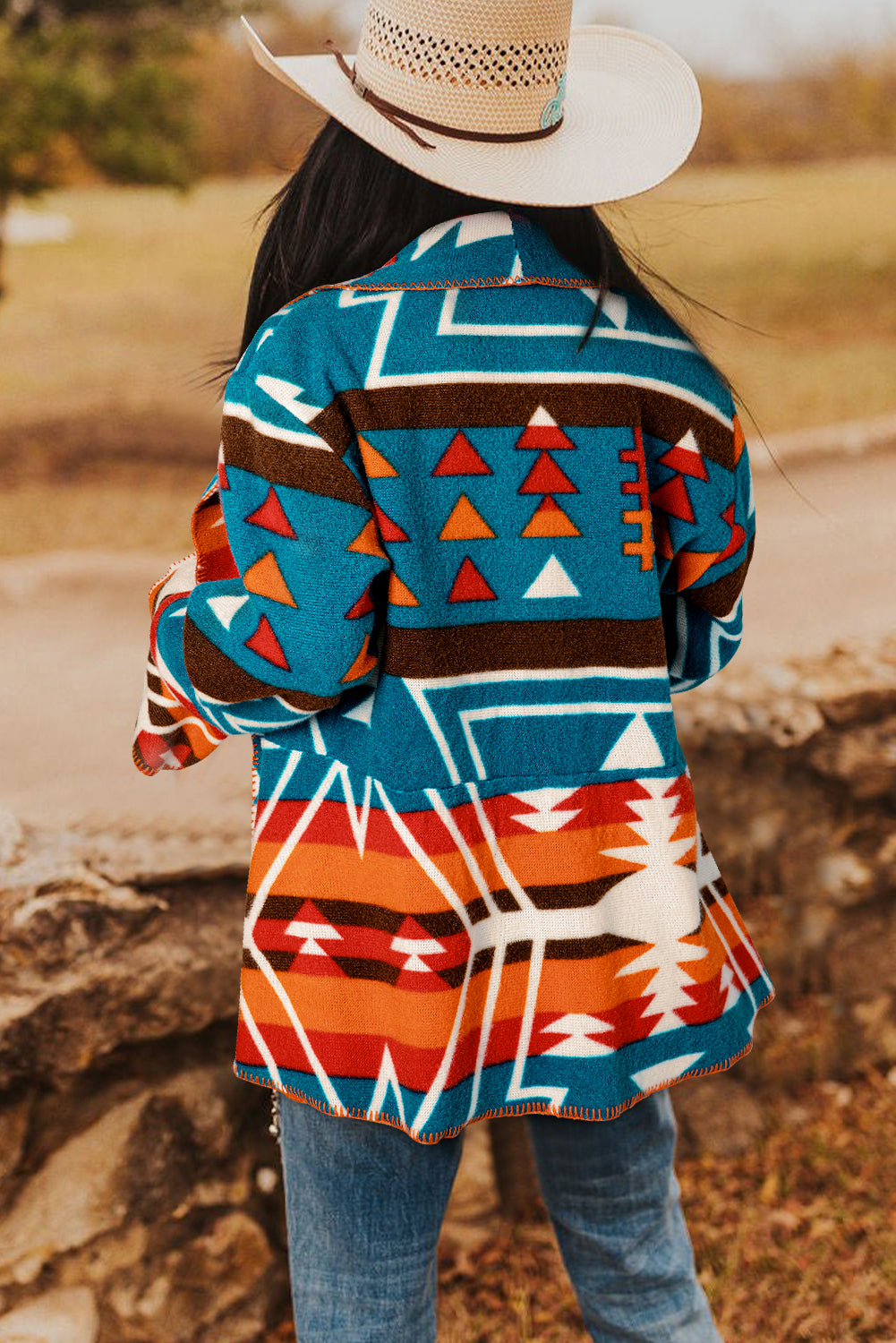 Sky Blue Aztec Bell Sleeve Jacket